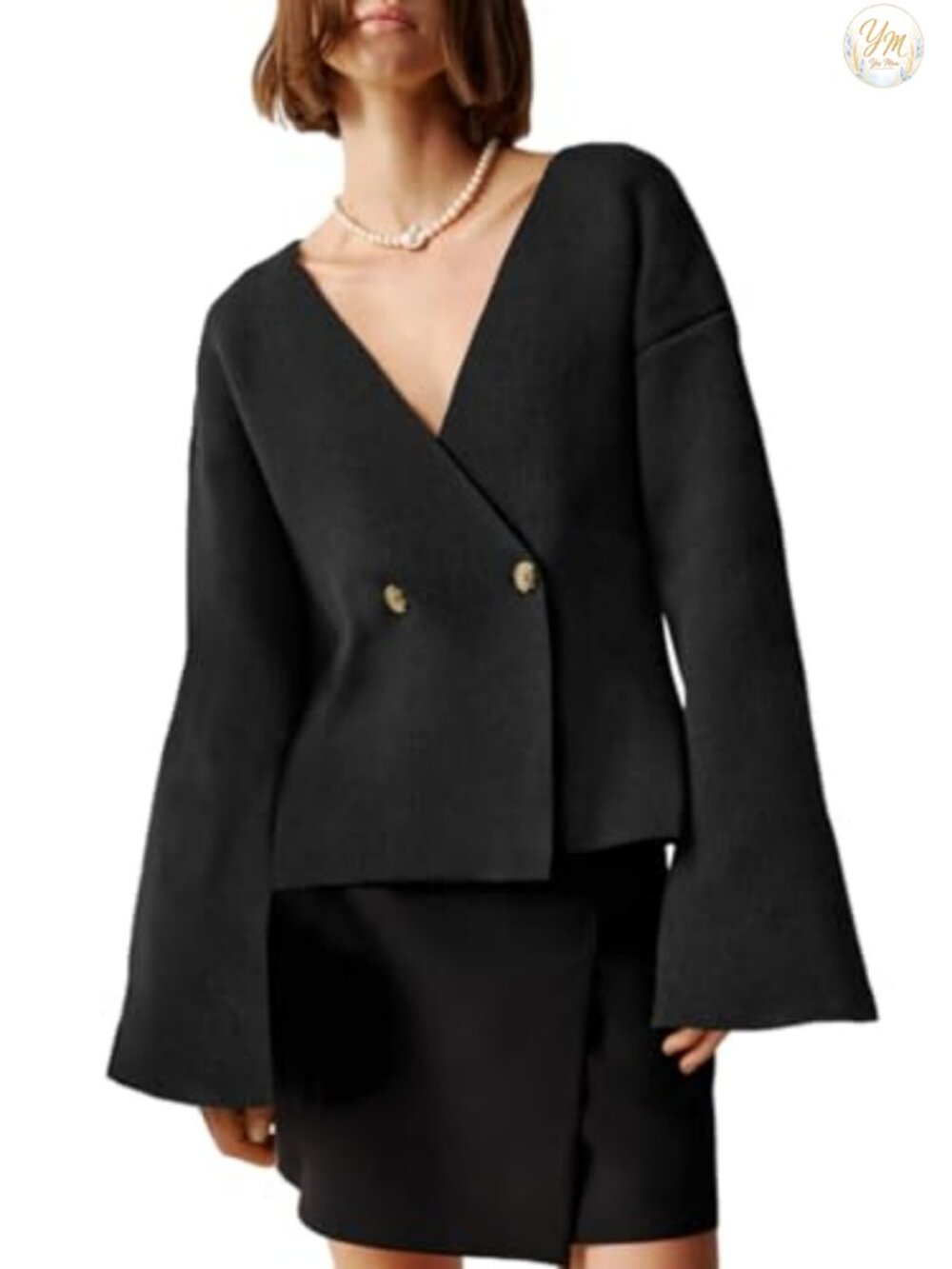 Oversized Cardigan Blazer Deep V-Neck Bell Sleeve Knit Sweater